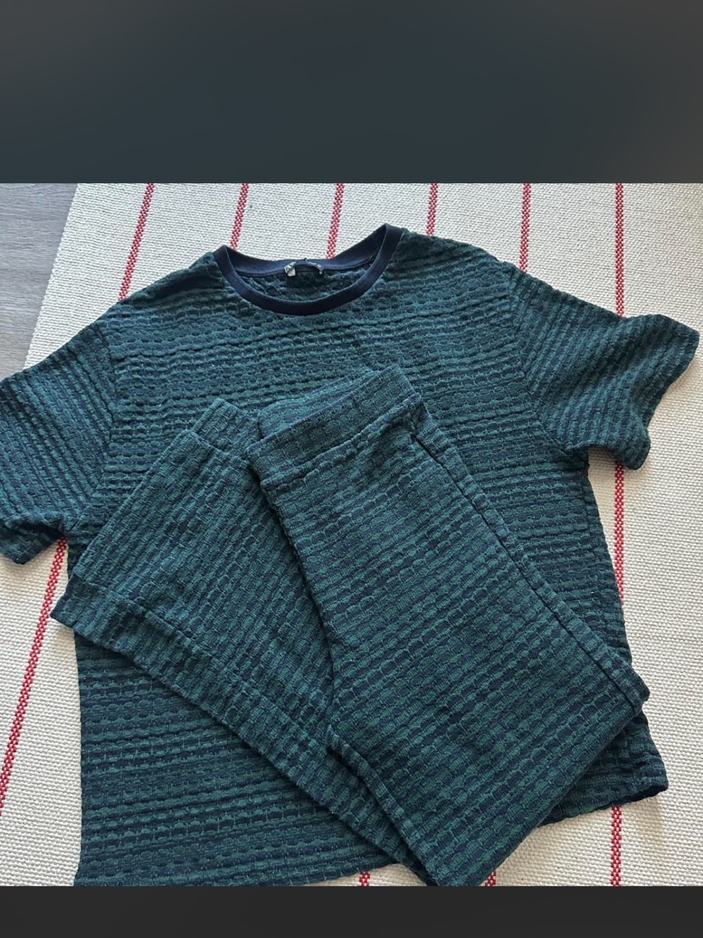 Women’s Textured Short Sleeve Lounge Set in Dark Teal Stripes